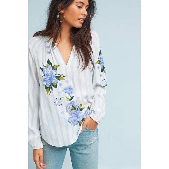 ANTHRO Akemi & Kin | Floral Embroidered & Striped Blouse - Picture 2 of 16